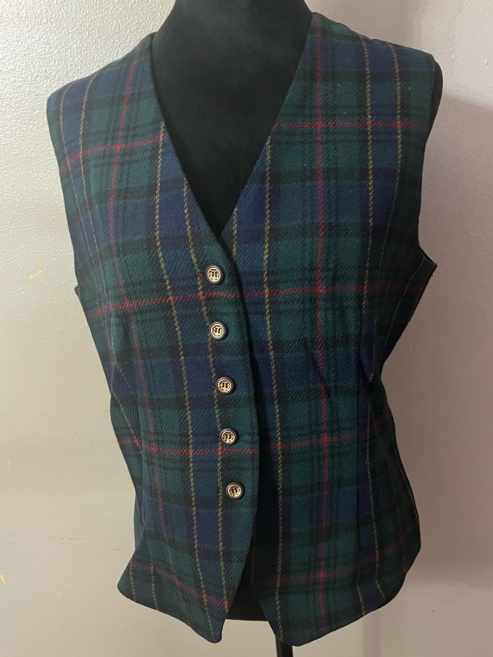 Vintage Hunt Club Wool Plaid Vest Women Size 10 Green Tartan Button Front USA - Picture 5 of 7